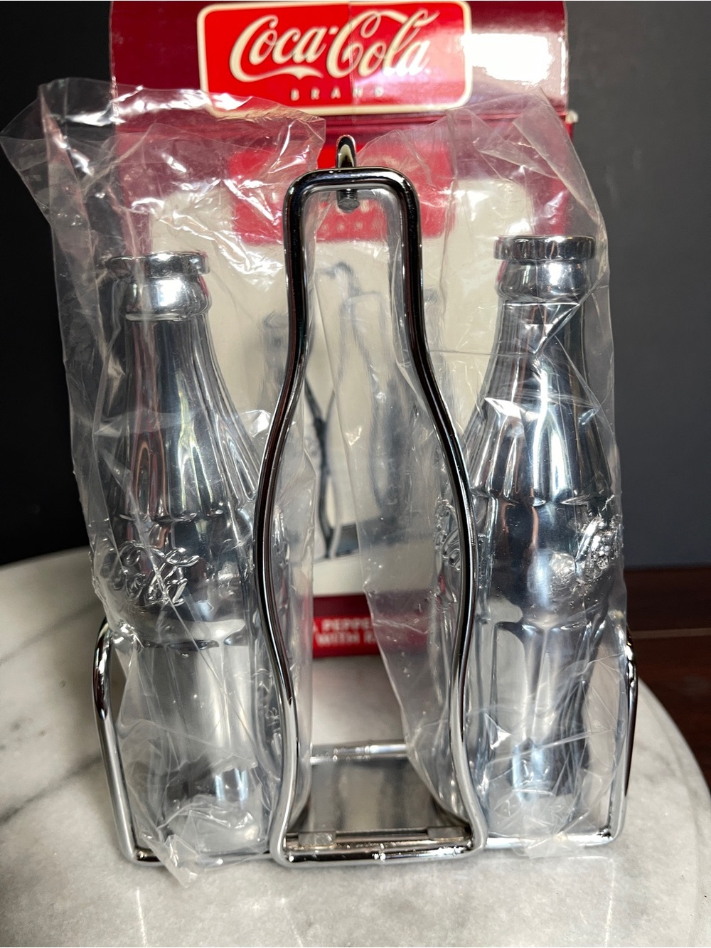 Coca-Cola Chrome Bottle Salt & Pepper Set  1998 vintage opened box unused
